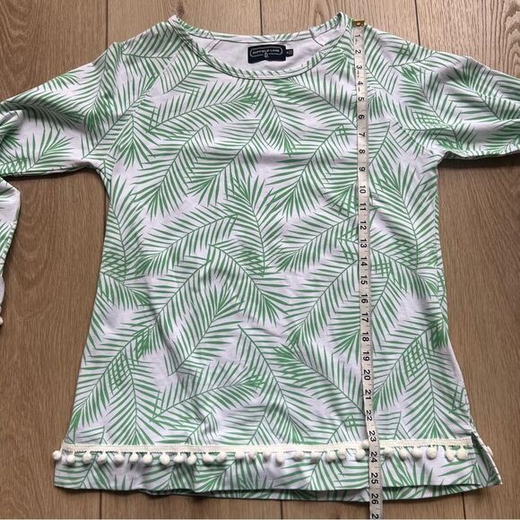 Duffield Lane Green Palm Leaf Print Women's Long Sleeve Crew Neck Top Pom Trim - Picture 7 of 7